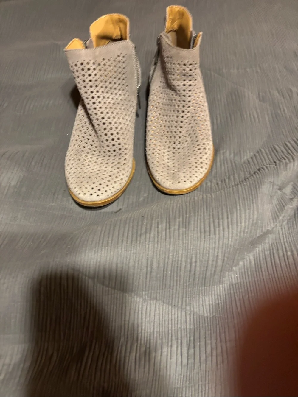 Lucky Brand Perforated Suede Side-Zip Ankle Boots in Light Gray